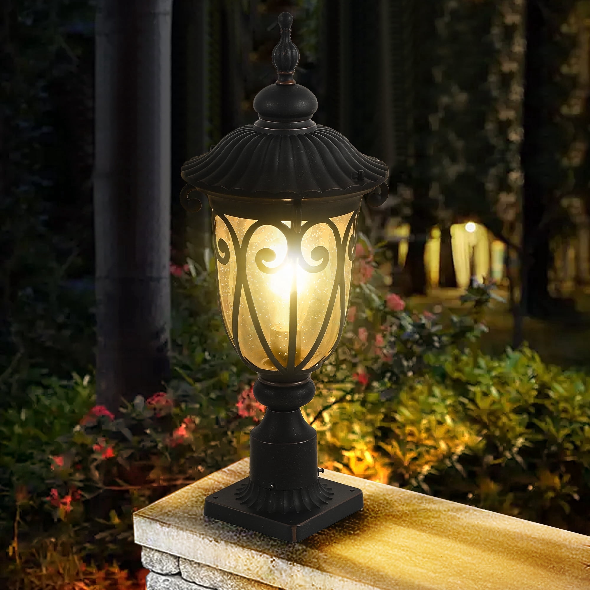 Outdoor Post Light Fixture with Pier Mount, 24 Inch High Vintage Post Lamp for Yard, Antique Bronze Exterior Waterproof Pole Lantern with Seeded Glass Shade, Aluminum