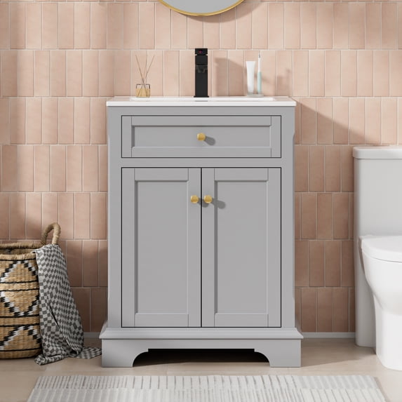 Eclife 24" Vintage Gray Bathroom Vanity Set with Ceramic Sink Top, Faucet, Drain