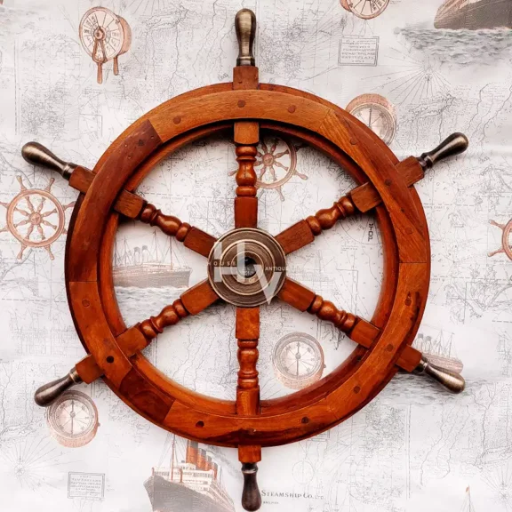 24" Vintage Ship Wooden Steering Wheel Wall Mounting Decorative Maritime Gifts.