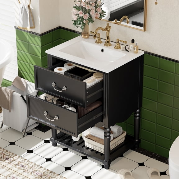 24'' Vintage Wave Ceramic Sink Vanity Cabinet - dokea