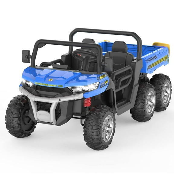 24 Volt 4WD Kids Ride on Dump Truck with Remote Control, 2 Seater Electric Powered 6-Wheel UTV Toys, Ride on Tractor Car w/ Tipping Bucket Trailer, Shovel, Suspension, Bluetooth Music, Blue
