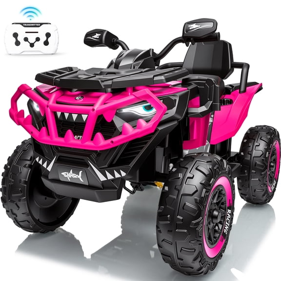XXL 24 Volt ATV for Kids, Sunnyfree EVA Tires 4 Wheeler, 4WD Power Car Wheels with Remote, Bluetooth, Music, Knee Pad, Pink
