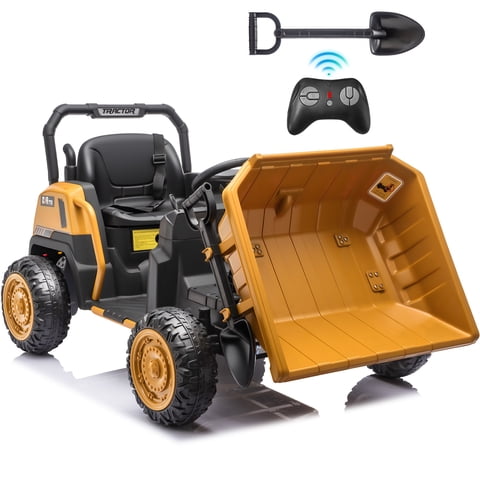 Joyracer 24 Volt Ride on Toys with Remote, Power Truck Wheels with Metal Frame, Bluetooth, Dump Bed, Shovel, Gift for Toddlers, Brownish Yellow