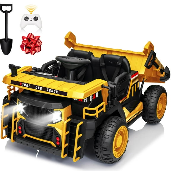 24 Volt Ride on Toys w/ Remote Control, 2*200W Strong Motor, Electric Powered Ride on Dump Truck  with Shovel, 3 Speeds, LED Lights, MP3/USB Music,  Yellow