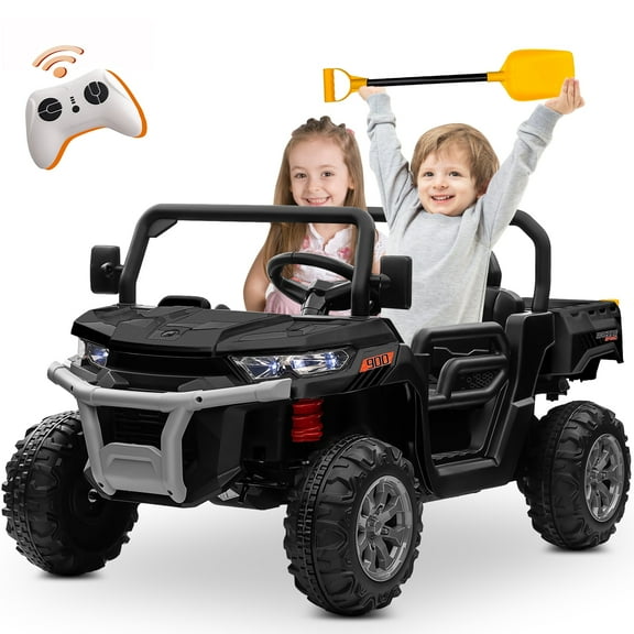 24 Volt Ride on Toys with Remote Control, 4WD 2-Seater Battery Powered Tractor Electric Car for Toddler, Motorized Vehicle w/ Tippable Trailer, Music, Black