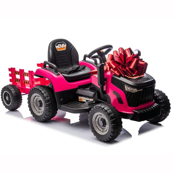 24 Volt Ride on Toys with Parental Remote, Kids Electric Ride On Tractor with Trailer, Big Farm Toys Car for Toddlers - Pink
