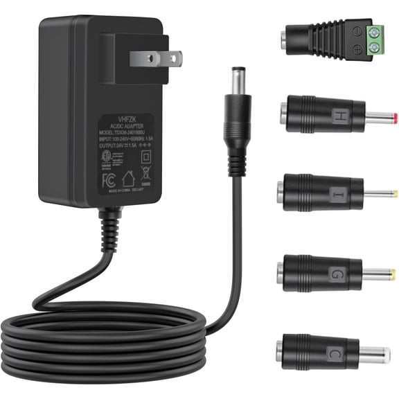 24 Volt Universal Power Supply Cord, Multi Output Current AC DC Adapter with 5 Interchangeable Plugs for LED Light, Camera, Diffuser and Massage Gun