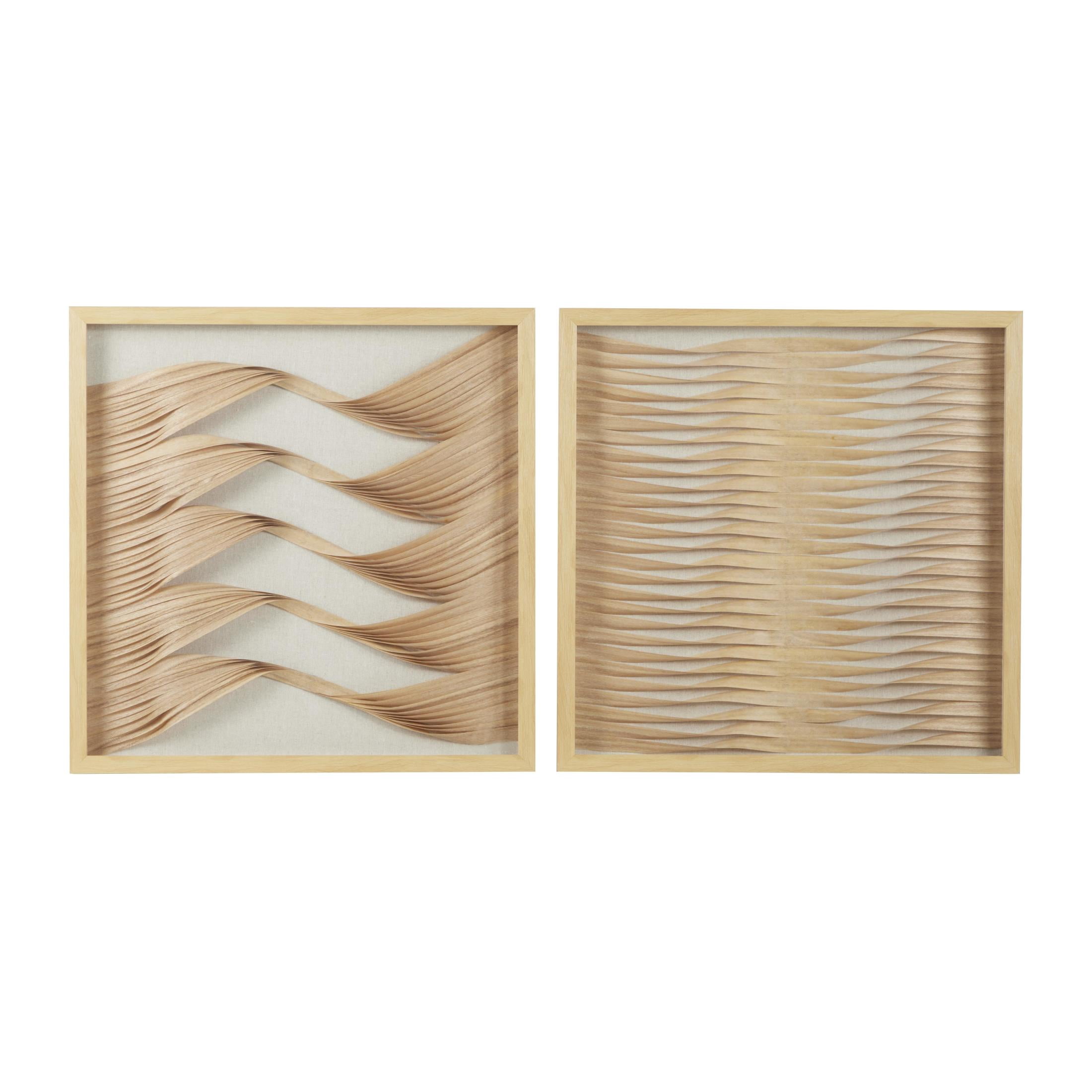 24"W, 24"H Brown Abstract Handmade Twisted Ribbon Shadow Box with Beige Linen Backing, by DecMode (2 Count)