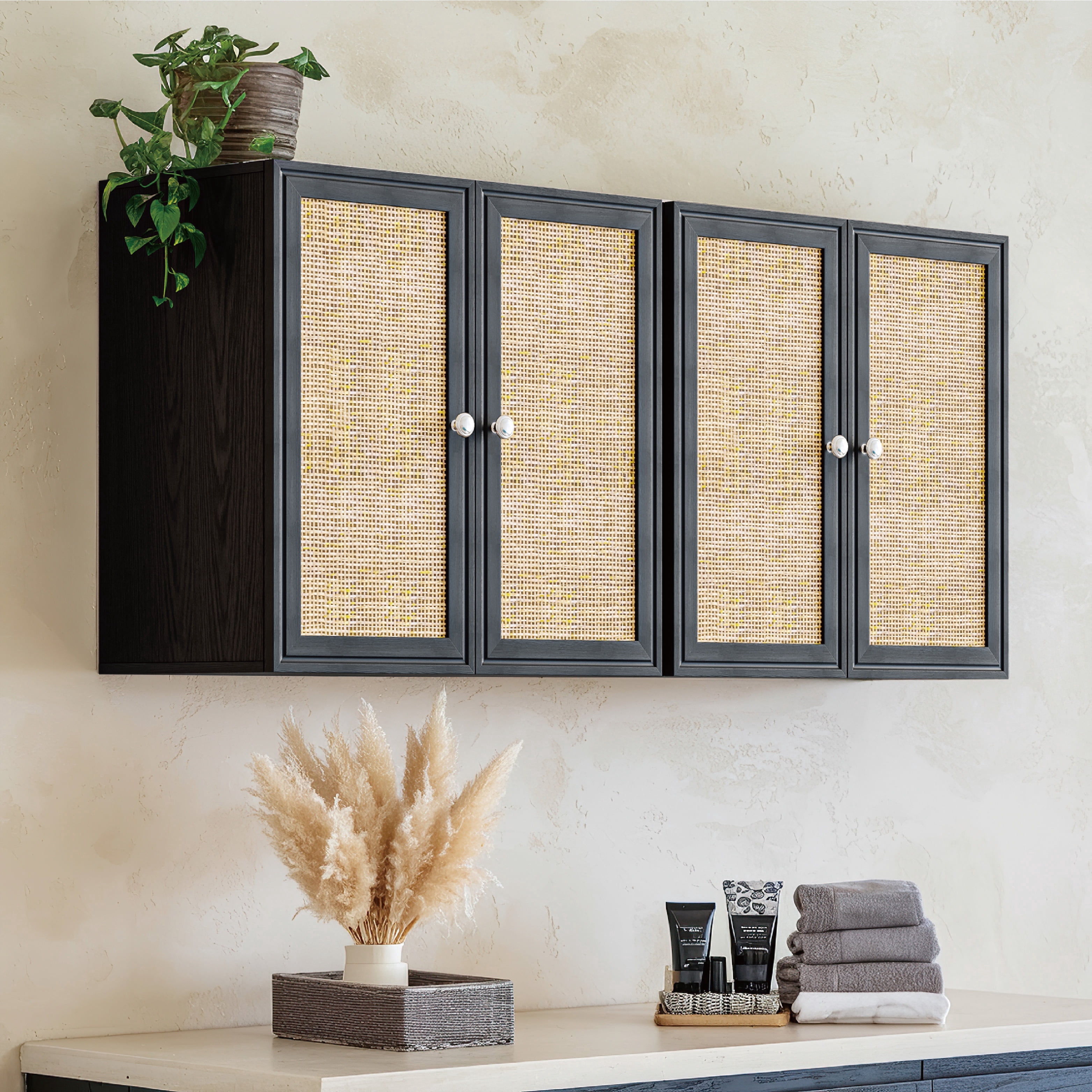 24"W Rattan Laundry Room Cabinets with Lights, Bathroom Cabinets Wall Mounted with Adjustable Shelves, Wall Cabinet for Bathroom/Kitchen/Bedroom (2PCS, Black)