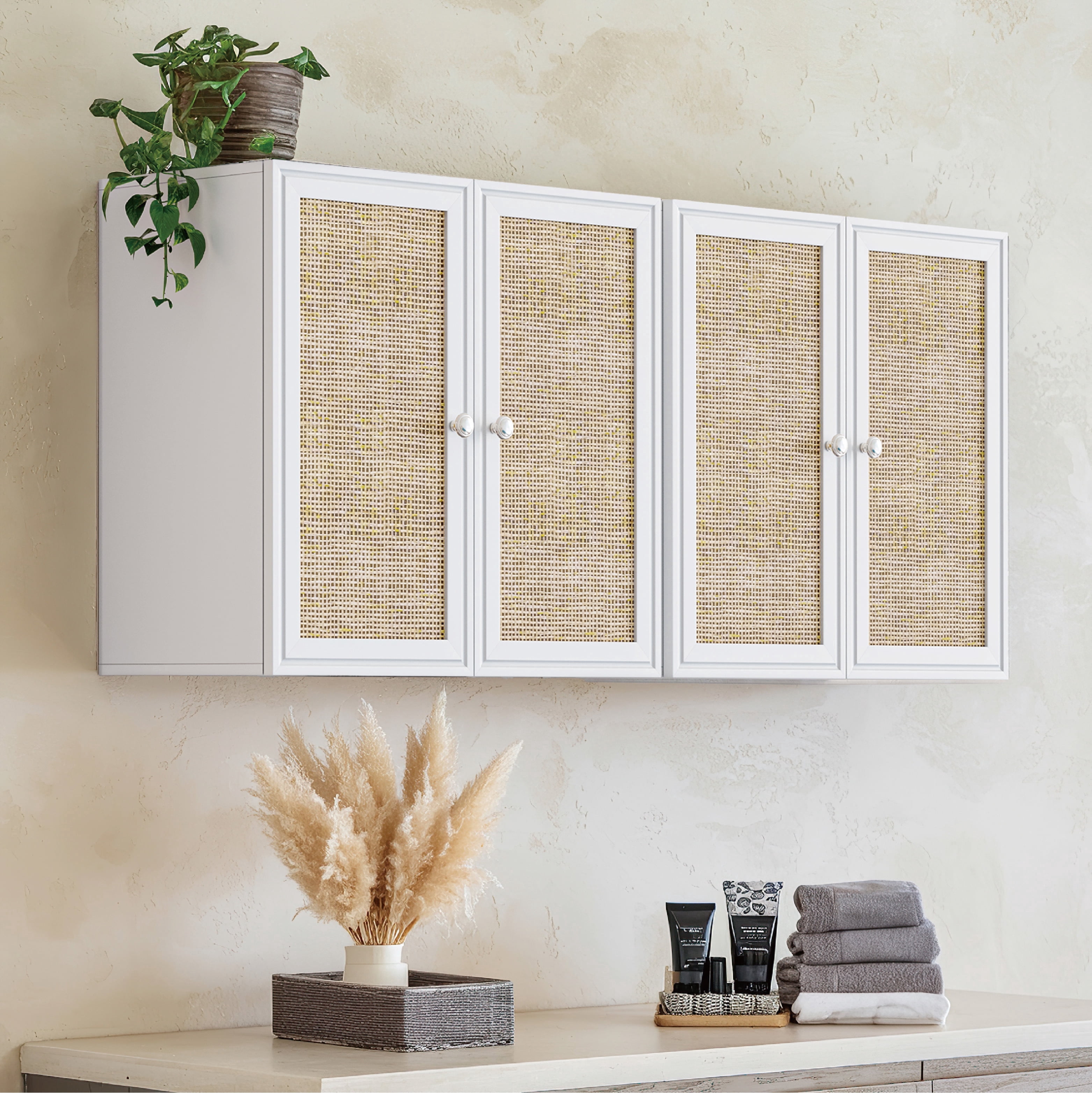 24"W Rattan Laundry Room Cabinets with Lights, Bathroom Cabinets Wall Mounted with Adjustable Shelves, Wall Cabinet for Bedroom/Kitchen/Bathroom (2PCS, White)