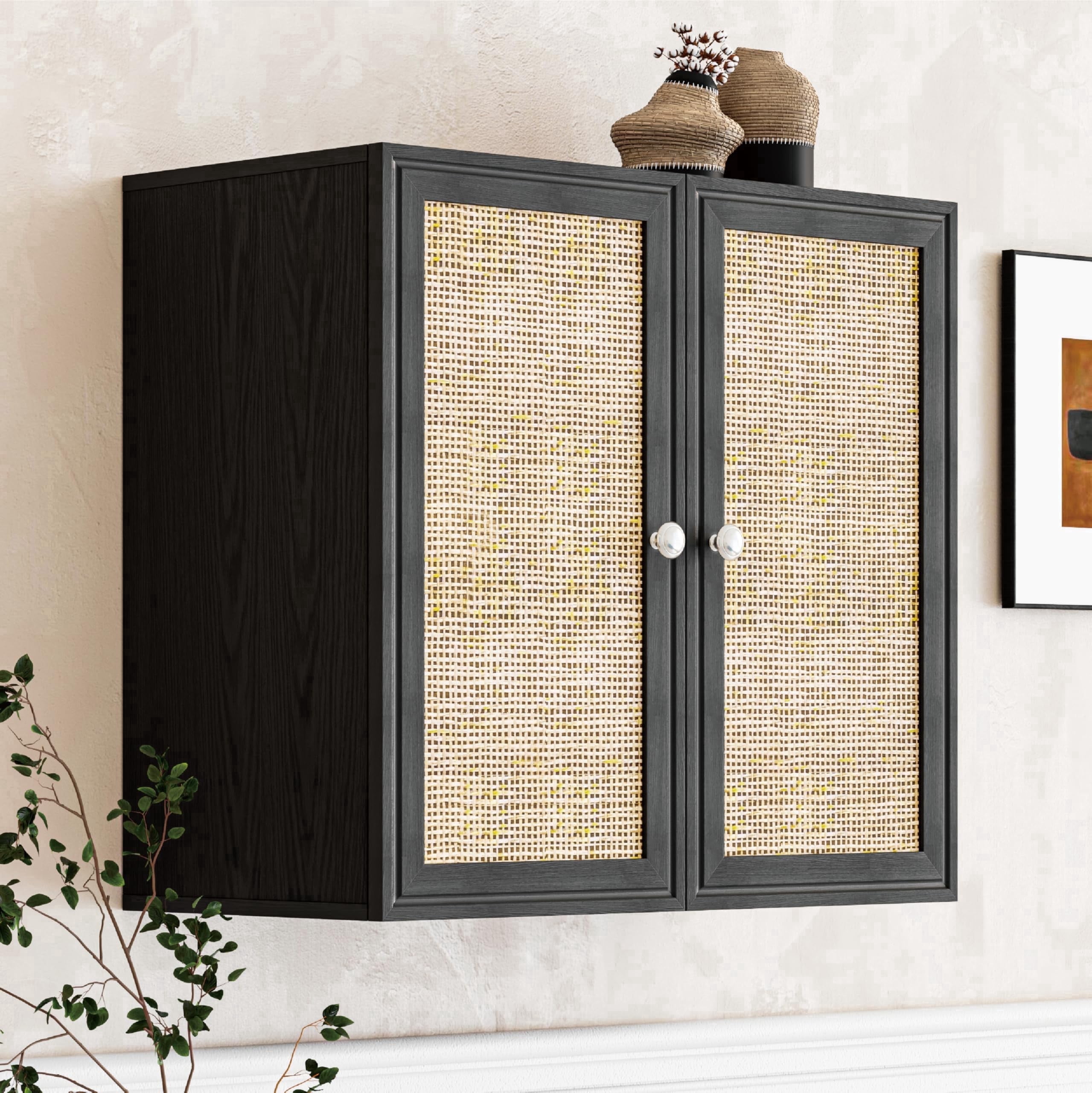 24"W Rattan Laundry Room Wall Cabinets with Adjustable Shelves，Bathroom Cabinets Wall Mounted, Wall Cabinet Storage for Bedroom/Kitchen, Black