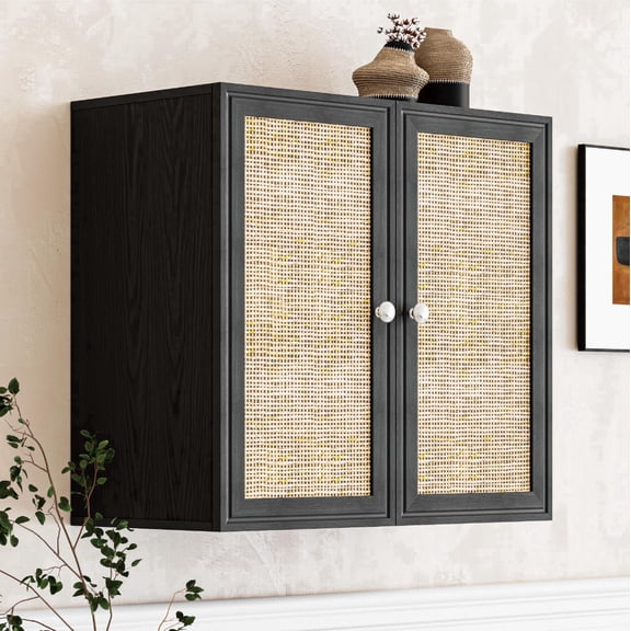 24"W Rattan Laundry Room Wall Cabinets with Adjustable Shelves,Bathroom Cabinets Wall Mounted, Wall Cabinet Storage for Bedroom/Kitchen, Black