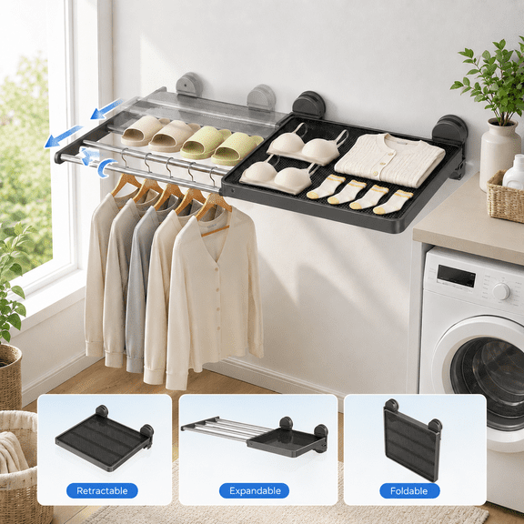 24W Wall-Mounted Clothes Drying Rack with 4 Hooks&Soft Mesh Surface Retractable Indoor Clothes Drying Rack  for Laundry,Balcony,Bathroom