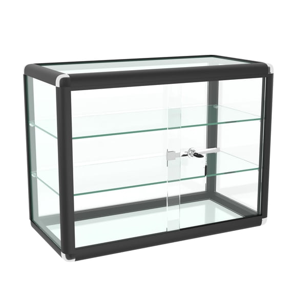 24" W x 18" H x 12" D, Black Aluminum Tempered Glass Top Display Case with Lock, Key and 2 Glass Shelves for Retail, Mall and Office Display