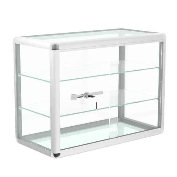 24" W x 18" H x 12" D, Silver Aluminum Tempered Glass Top Display Case with Lock, Key and 2 Glass Shelves for Retail, Mall and Office Display