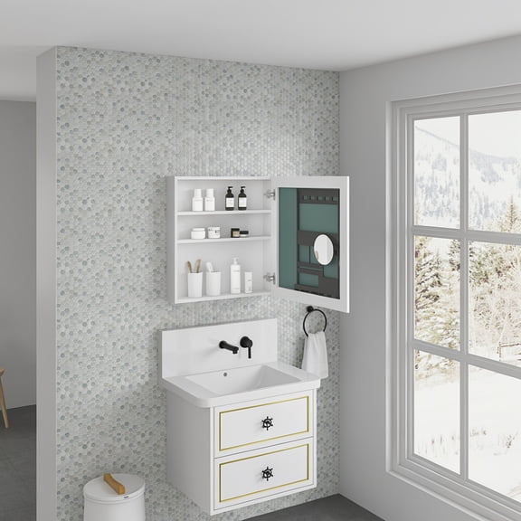 24" W x 26" H Surface Frameless Mirror Medicine Cabinet - Beveled Mirror Edges Bathroom Storage Unit