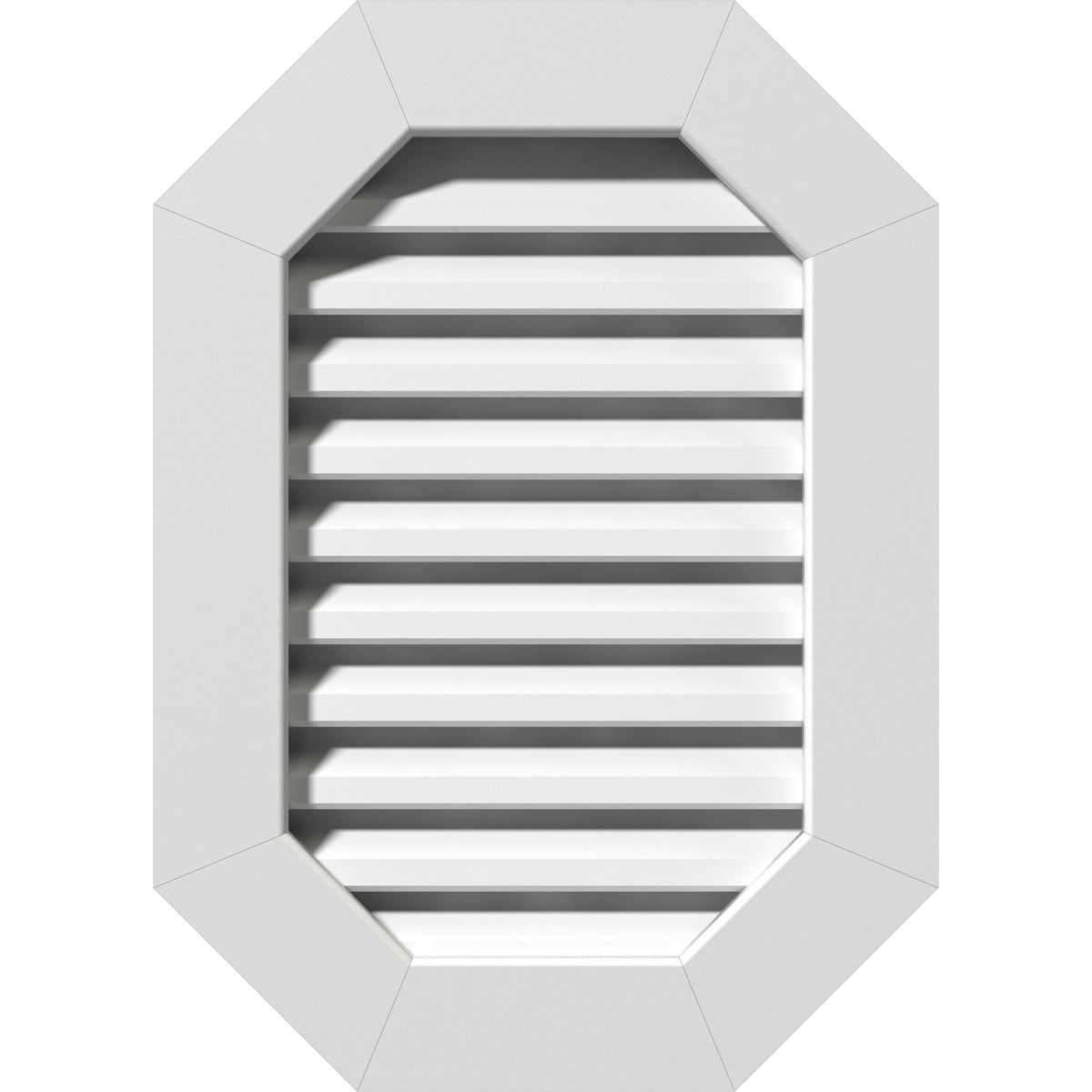 24"W x 28"H Vertical Elongated Octagon (29"W x 33"H Frame Size): Functional, PVC Gable Vent w/ 1" x 4" Flat Trim Frame