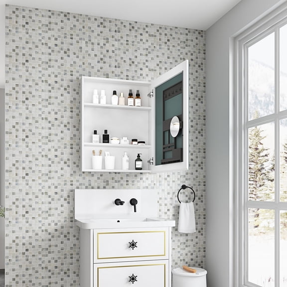 24''W x 30''H White - Built-in Organizer on Door - Wall Mounted Recessed Bathroom - Privacy and Dust Protection