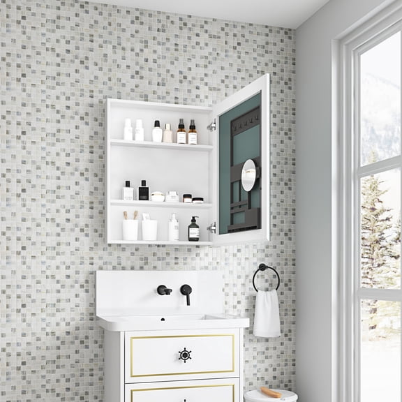 24'' W x 30'' H White Engineered Wood | 2 in 1 Bathroom Mirror Cabinet for Makeup and Storage | Save Floor Space and Organize Items