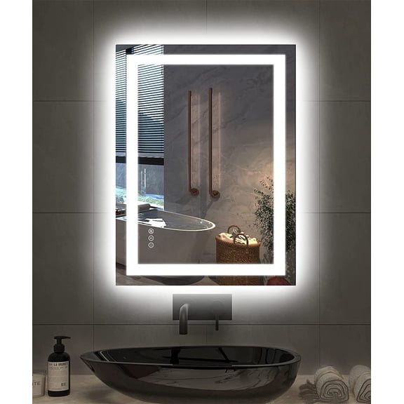 24" W x 32" L LED Bathroom Mirror with Front and Back Lighting, Stepless Dimming, Anti-Fog, Shatter-Proof Tempered Glass, 3-Color Temperature