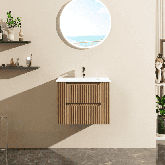 24" Wall-Mount Bathroom Vanity Cabinet with White Basin Sink Combo Floating, Walnut(Faucet and drain are not included)