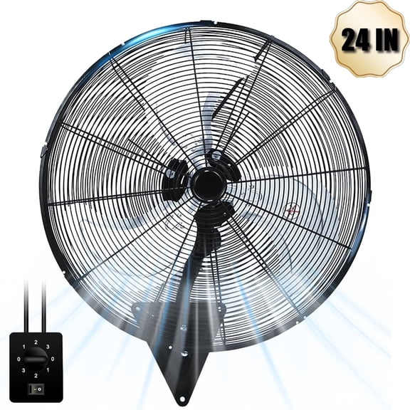 24” Wall Mount Fan 8000 CFM High Velocity Industrial Heavy Duty Fan with 3-Speed Oscillating Commercial Use for Warehouse, Garage, Factory, Black