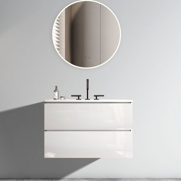 24" Wall Mount Modern Bathroom Vanity Glossy White Ceramic Sink Three Faucet Holes Pre-assembled Handle-free Design