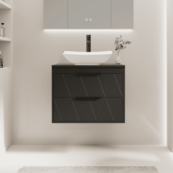 24" Wall Mount Single Bathroom Vanity with Vessel Sink, Floating Cabinet Manufactured Wood Top, Faucet, Drain