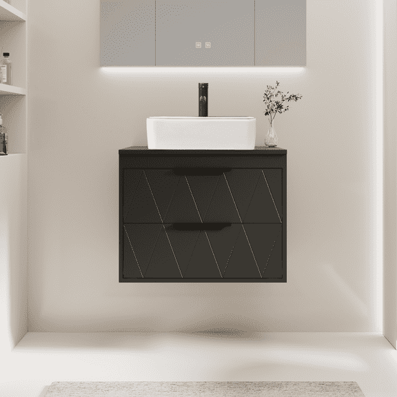 24" Wall Mount Single Bathroom Vanity with Vessel Sink, Floating Cabinet Manufactured Wood Top, Faucet, Drain