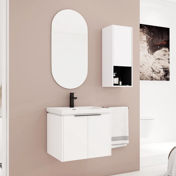 24" Wall-Mounted Bathroom Vanity Ceramic Sink Wall-Mounted Side Cabinet for Space Utilization