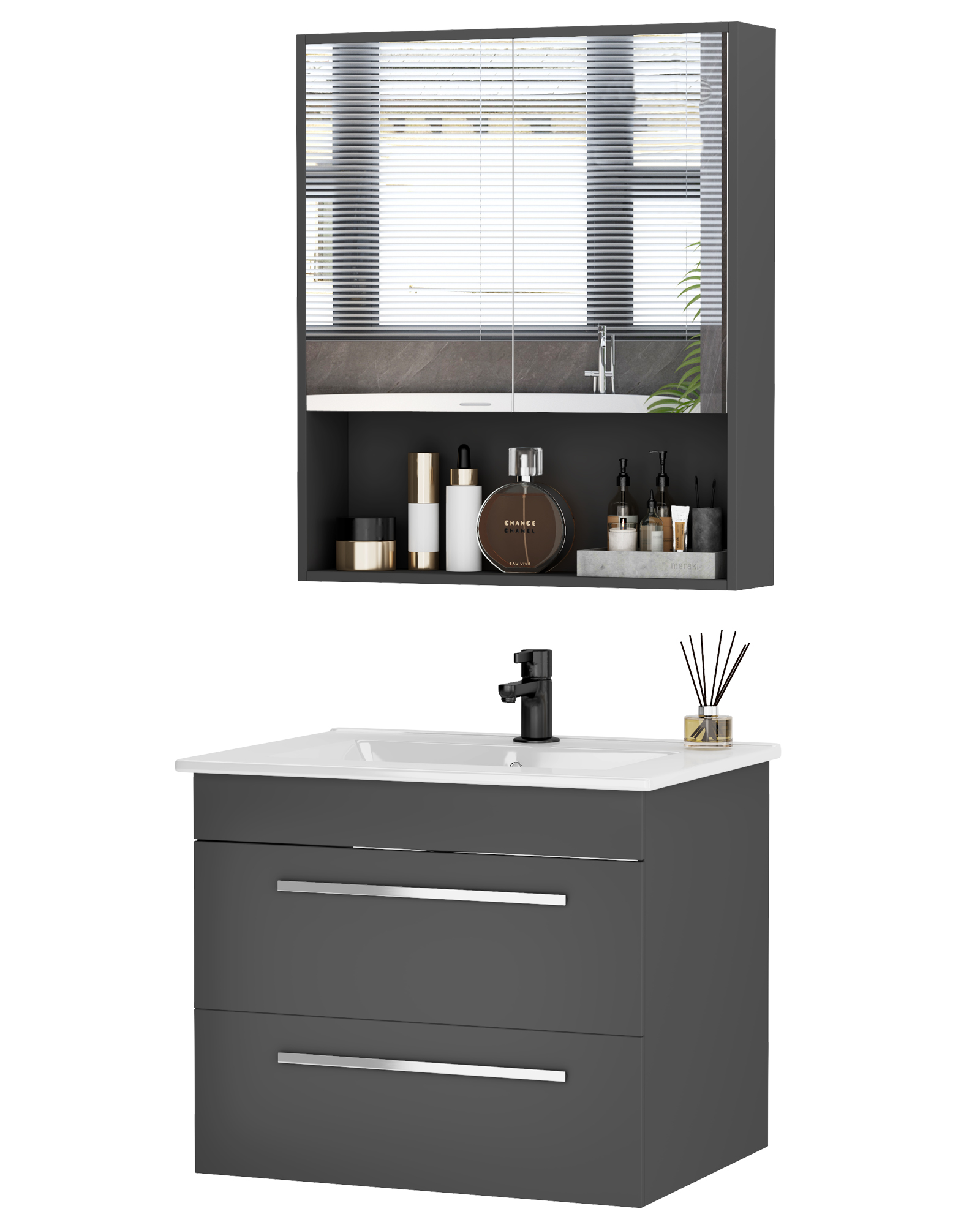 WELLFOR 48" Bathroom Vanity with 34" Wall-Mounted Mirror Cabinet, Wooden Bathroom Vanity with ...