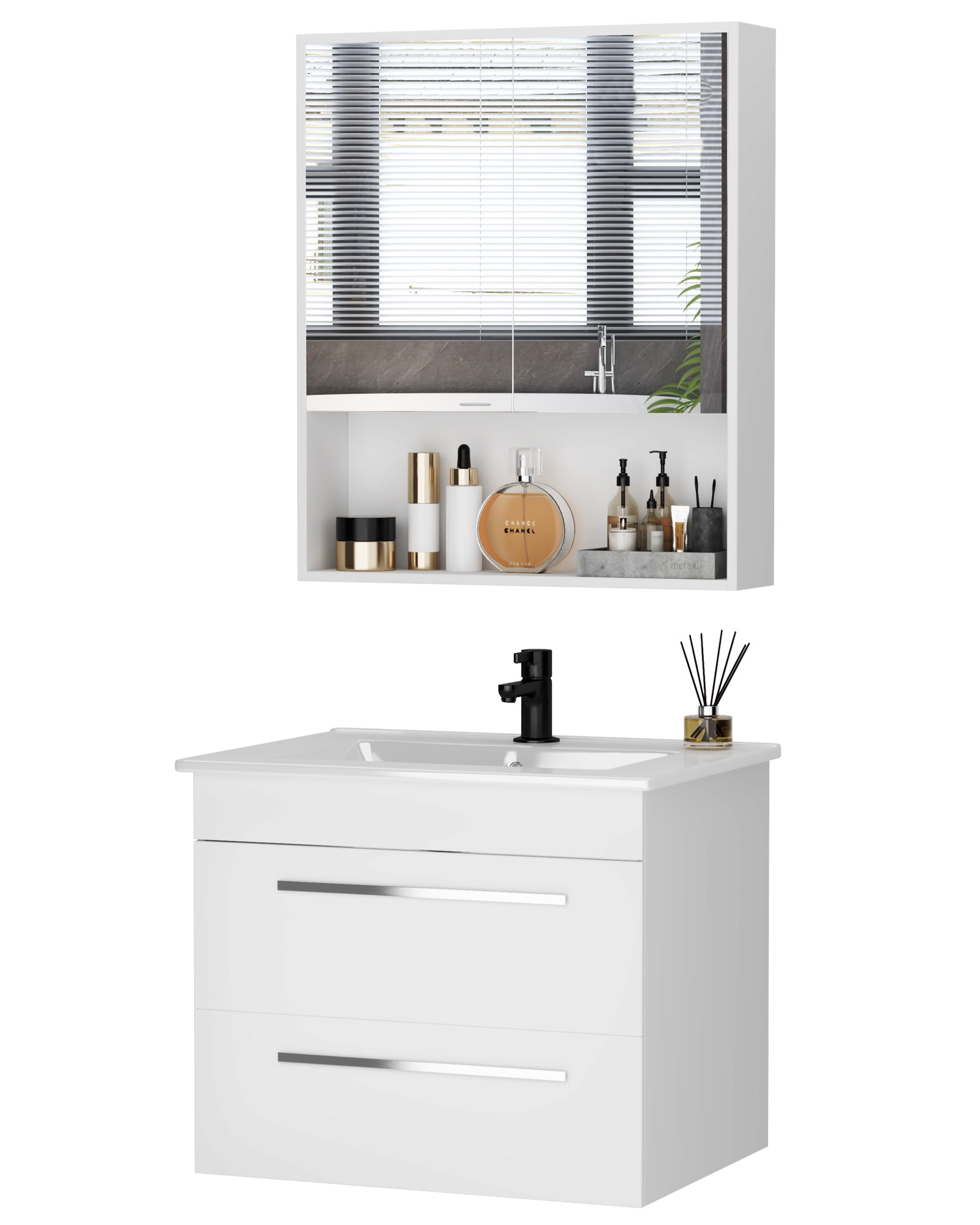 24" Wall Mounted Bathroom Vanity with Mirror Cabinet & Top Sink Combo ...