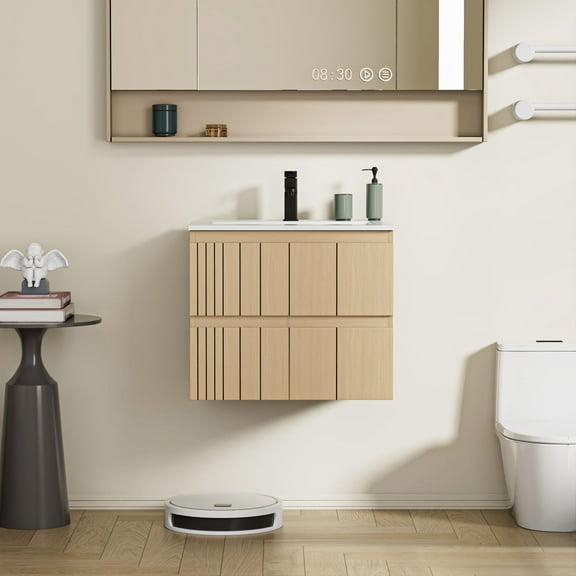 24" Wall Mounted Bathroom Vanity Set with Sink Top, Faucet and Drain, Wood Tune Floating Cabinet