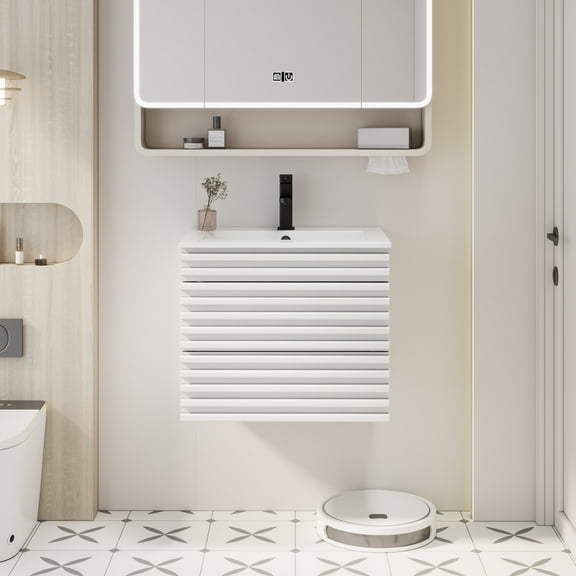 24" Wall Mounted Bathroom Vanity Sink Combo with Ceramic Top, White Wood Tune Farmhouse Floating Cabinet