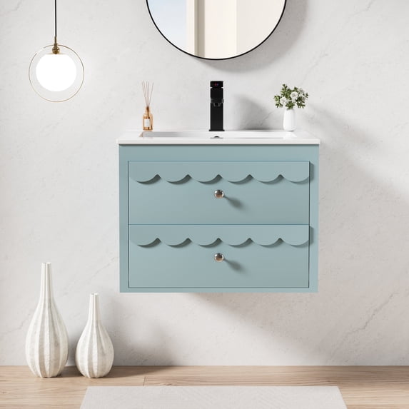 24" Wall Mounted Bathroom Vanity with Ceramic Sink Top, Faucet, Decorative Wavy Edge