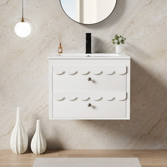 24" Wall Mounted Bathroom Vanity with Ceramic Sink Top, Faucet, Decorative Wavy Edge