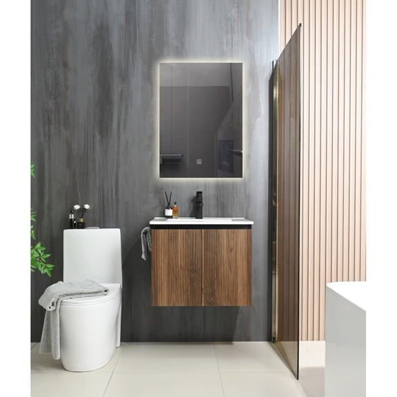 24" Wall Mounted Bathroom Vanity with Sink, Black & Walnut, Floating Cabinet, Towel Rack