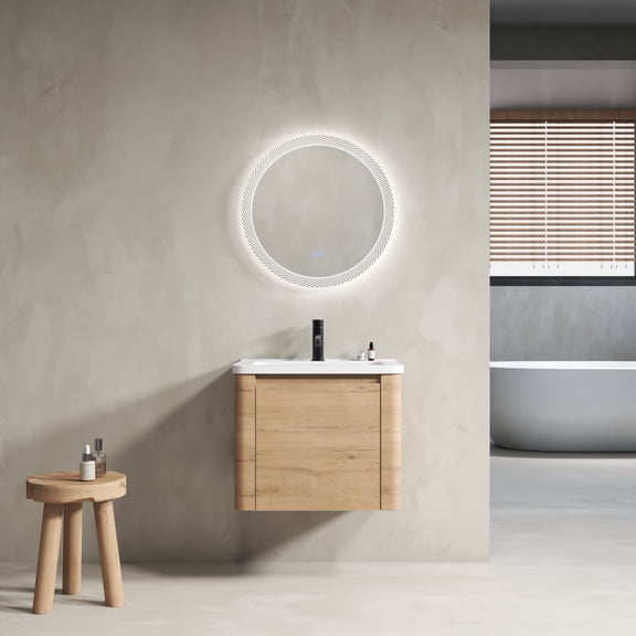 24'' Wall-Mounted Bathroom Vanity with White Ceramic Sink & 1-Soft-Close Door, KD-Packing, Plywood, American Imitative Oak