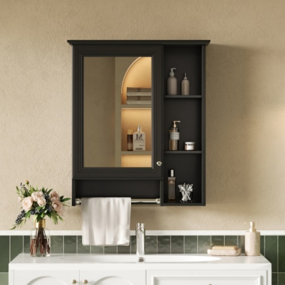 24" Wall Mounted Medicine Cabinet with Mirror, Bathroom Storage Cabinet with Adjustable Shelf, Soft Close Door & Towel Bar, Modern Over Toilet Organizer, Black