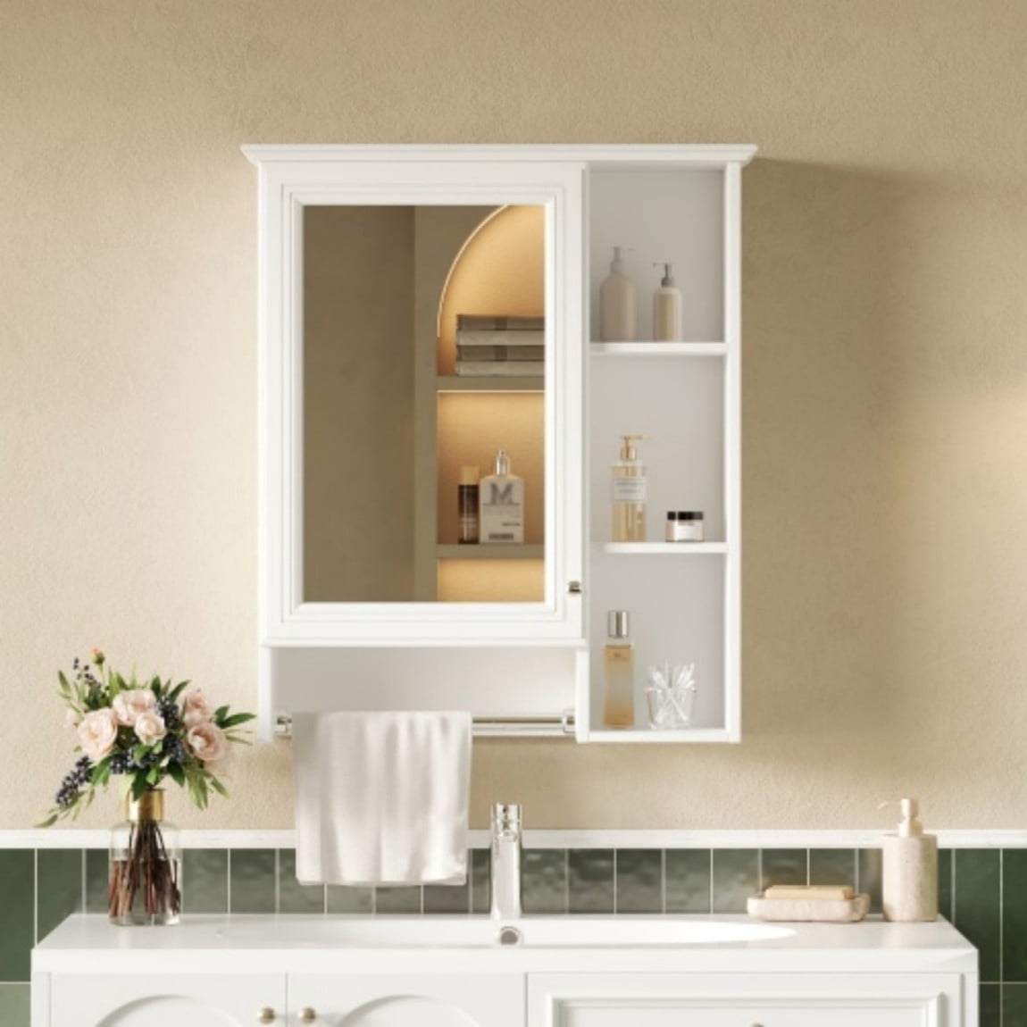 24" Wall Mounted Medicine Cabinet with Mirror, Bathroom Storage Cabinet with Adjustable Shelf, Soft Close Door & Towel Bar, Modern Over Toilet Organizer, White