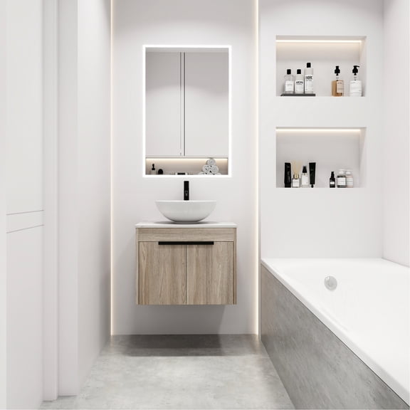 24" Wall-Mounted Vanity in Bathroom | Two-Door Storage with Quiet Closing | Ceramic Sink and White Flat Slab | Easy to Clean and Assemble