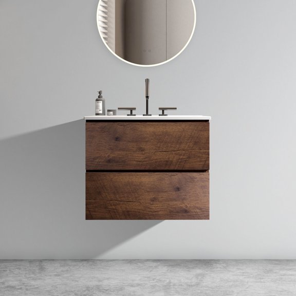 24" Wall Mounted Walnut Bathroom Vanity - Ceramic Sink, Silent Functionality With Sink Drawers & Handle- Design For Modern Bathrooms