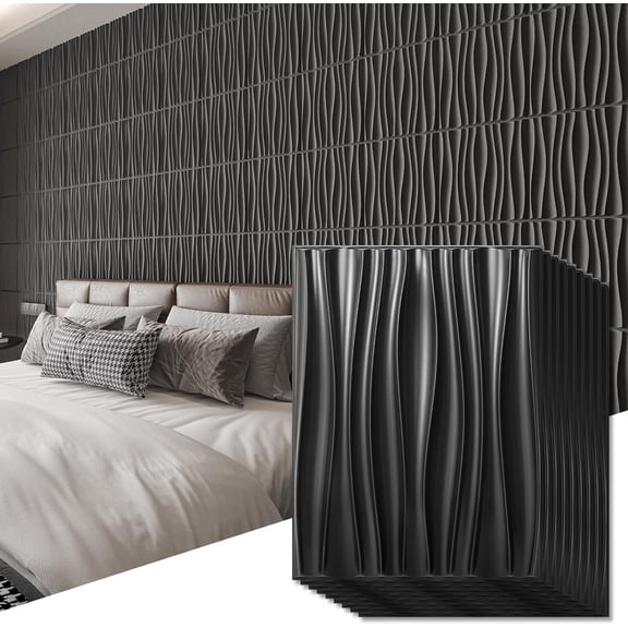 24- Wall Panels for Interior Decor, PVC Wavy Textured Accent Wall Paneling for Room TV Backdrop Office, 15.7 x 11.8 Inch - Black