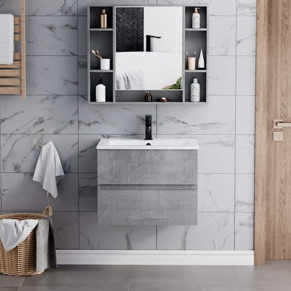 24" Wall mounted Bathroom Vanity with Ceramic Top, Cement Floating Cabinet