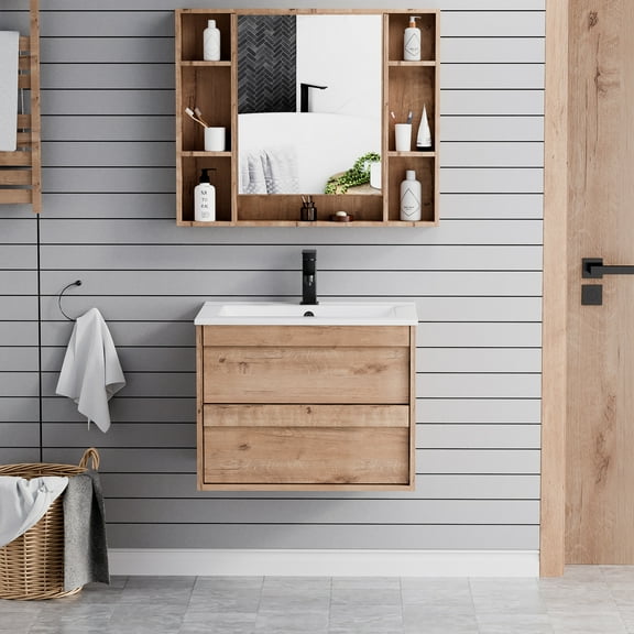 24" Wall mounted Bathroom Vanity with Ceramic Top, Wood Tune Floating Cabinet
