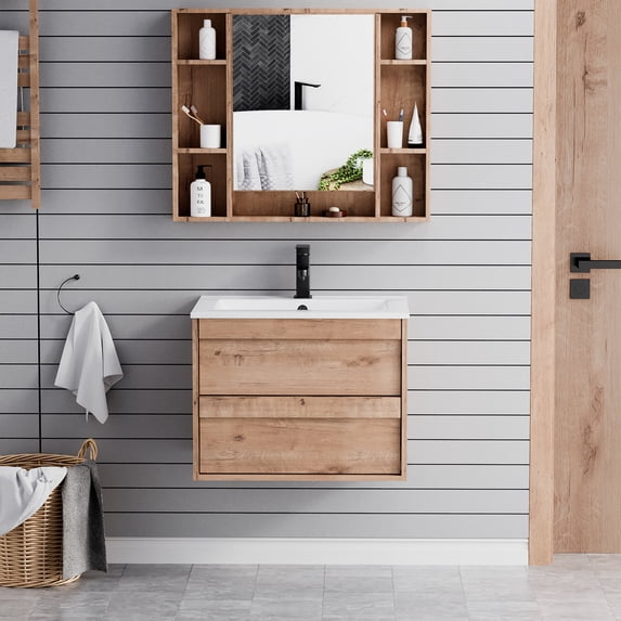 24" Wall mounted Bathroom Vanity with Ceramic Top, Wood Tune Floating Cabinet