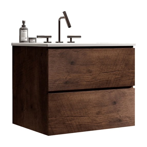 24" Walnut Bathroom Vanity with Ceramic Sink with three faucet holes ...
