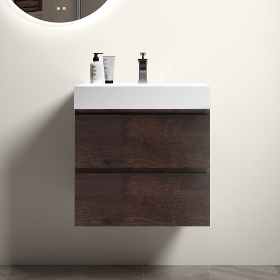 24" Walnut Bathroom Vanity with Sink, Large Storage Wall Mounted Floating Bathroom Vanity for Modern Bathroom(without Drain and Faucet)