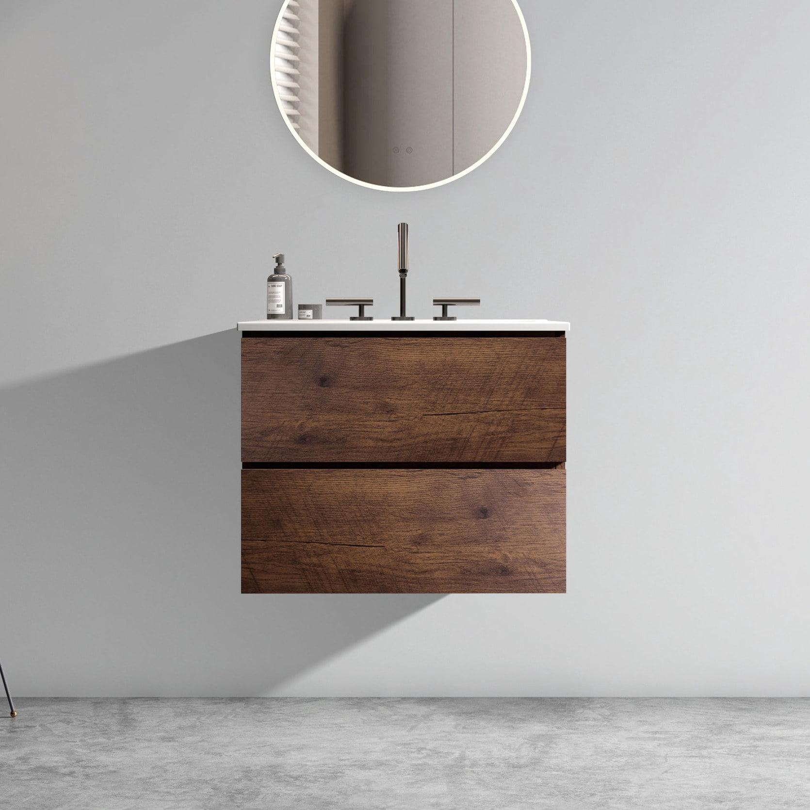 24" Walnut Floating Bathroom Vanity One - Piece Ceramic Sink Soft ...