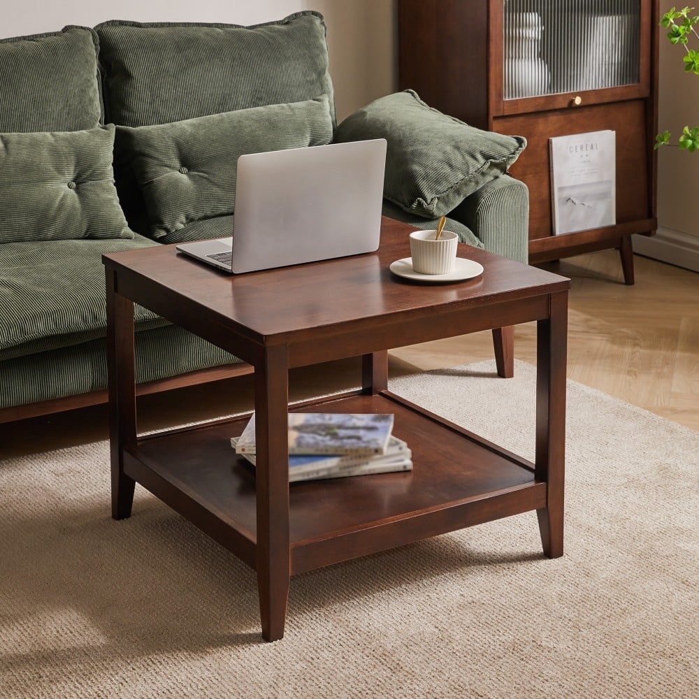 24" Walnut Solid Wood End Table, 2-Tier Square Side Table with Storage Shelf, Wooden Nightstand, Small Coffee Table for Living Room, Bedroom, Office